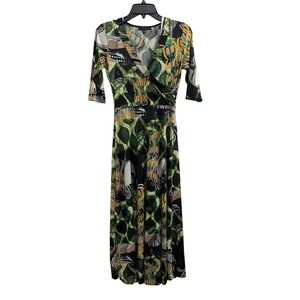 Maxi Dress Abstract Geometric Boho Snap Women Size S Green Faux Wrap 3/4 Sleeve